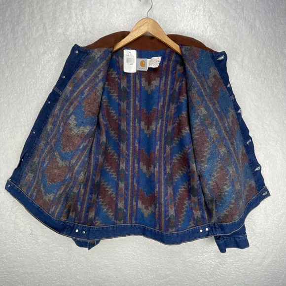 VTG Carhartt Trucker Jacket Aztec Blanket Lined Mens XL PJB008‎ Steel Blue NWT - Picture 4 of 16